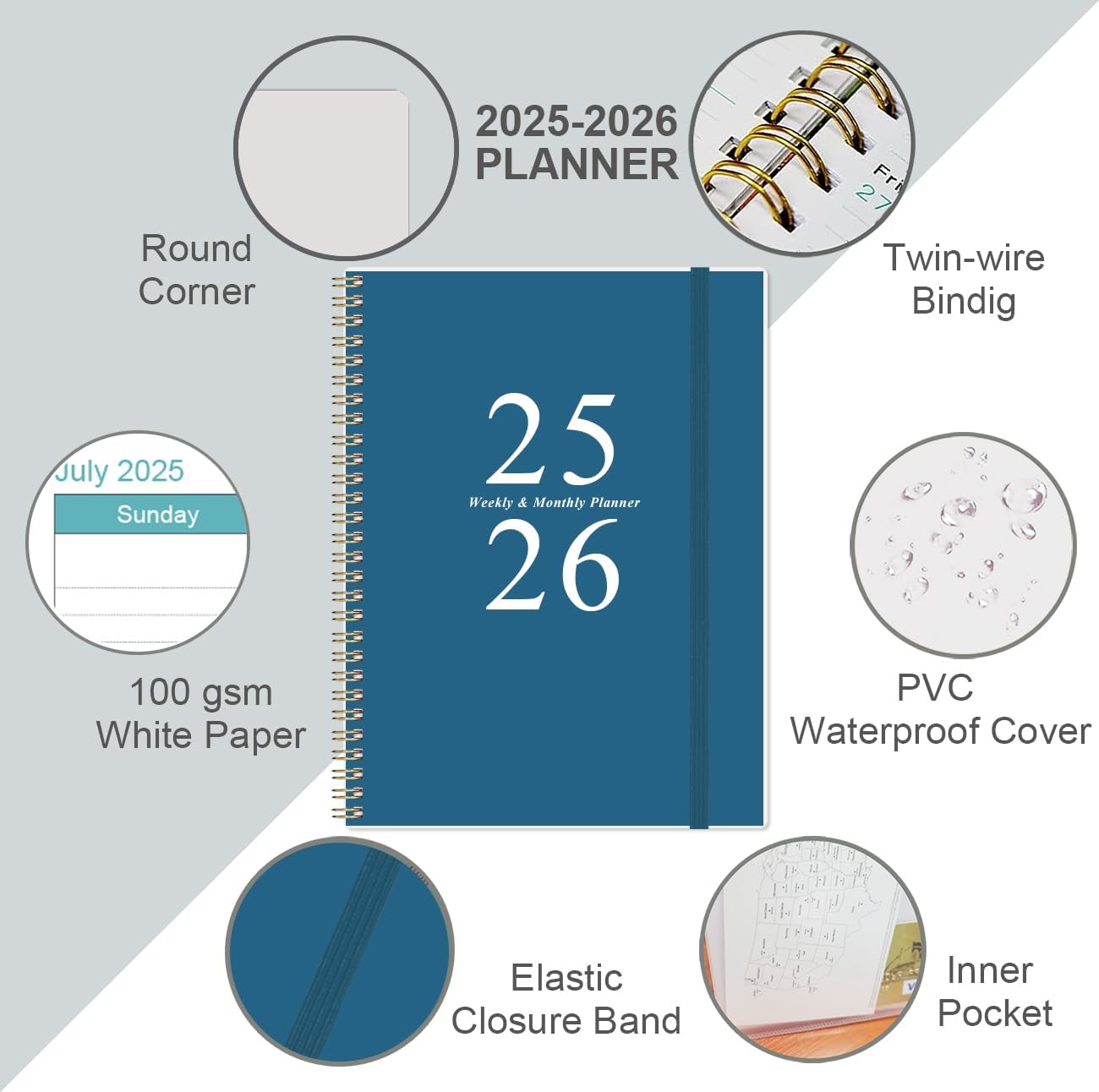 2025-2026 Planner - Weekly & Monthly Planner Spiral Bound, Planner 2025-2026 from July 2025 - June 2026 with Monthly Tabs, Inner Pocke, 8.5" x 11", Dark Blue