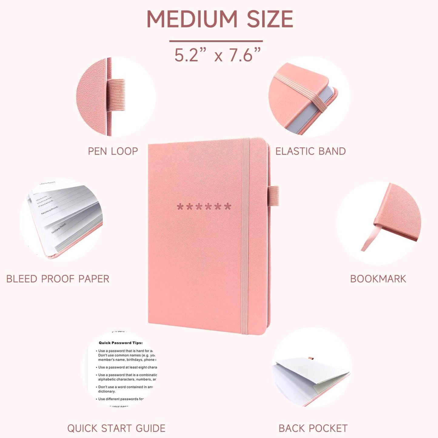 Password Book with Alphabetical Tabs – Hardcover Internet Address & Password Organizer – Password Keeper Notebook for Computer & Website – 5.2 x 7.6" Log-in Password Journal w/Thick Paper (Pink)