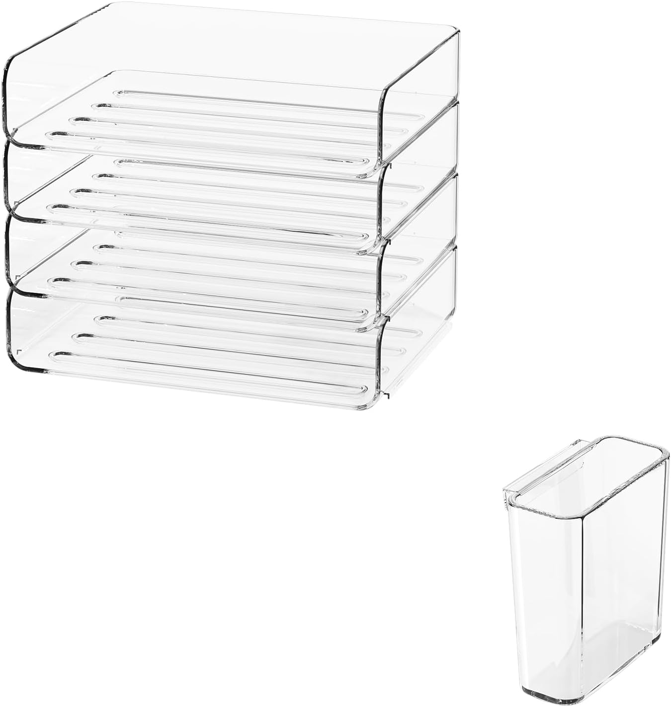 4-Tier Stackable Paper Tray Organizer for Desk with Detachable Hanging Pen Cup - Durable PET Desktop Paper Organizer, Space-Saving Desk Accessory