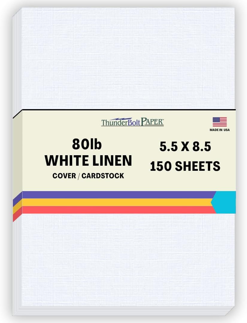 150 Sheets Bright White Fine Linen 80lb Cover Stock Paper 5.5 X 8.5 Inches Half Letter Size - 80 lb/pound Card Weight - Fine Linen Textured Finish - Quality Cardstock