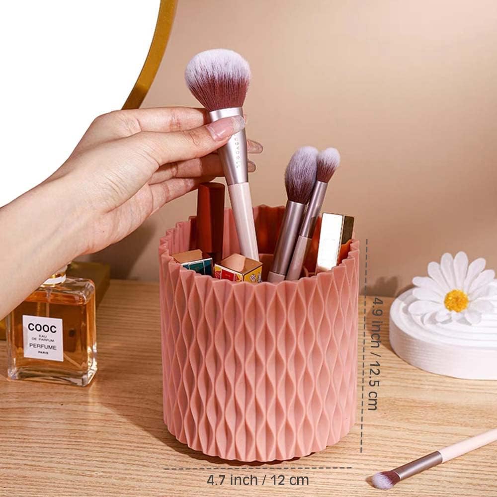 OWLFAVO Rotate Desk Organizer, Spinning Makeup Brush Holder, Pen Holder Stationery, 360-Degree Pencil Accessories Storage Caddy Tray for Beauty, College, Home, Office, 5 Compartments, Pink