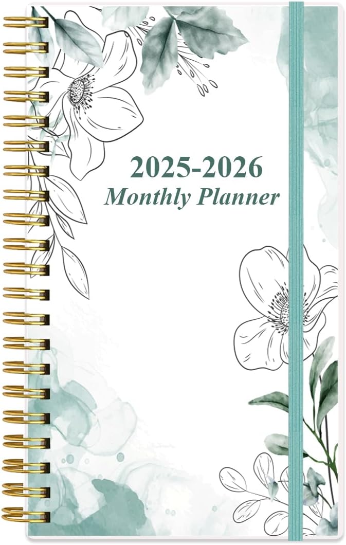 2025-2026 Monthly Planner - July 2025 - December 2026, Two Pages Per Month, 18 Monthly Calendar/Planner with Tabs, Strong Twin-Wire Binding, Inner Pocket, 3.75" x 6.5", Teal Flower