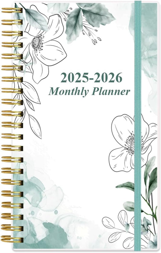 2025-2026 Monthly Planner - July 2025 - December 2026, Two Pages Per Month, 18 Monthly Calendar/Planner with Tabs, Strong Twin-Wire Binding, Inner Pocket, 3.75" x 6.5", Teal Flower