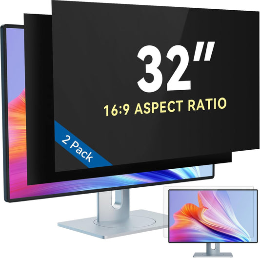[2-Pack] 32 Inch Computer Privacy Screen Filter for 16:9 Widescreen Monitor, IPROKKO Removable 32in Anti Blue Light Glare Privacy Shield, Anti Spy Security Protector for Hp Dell Asus Acer Samsung View