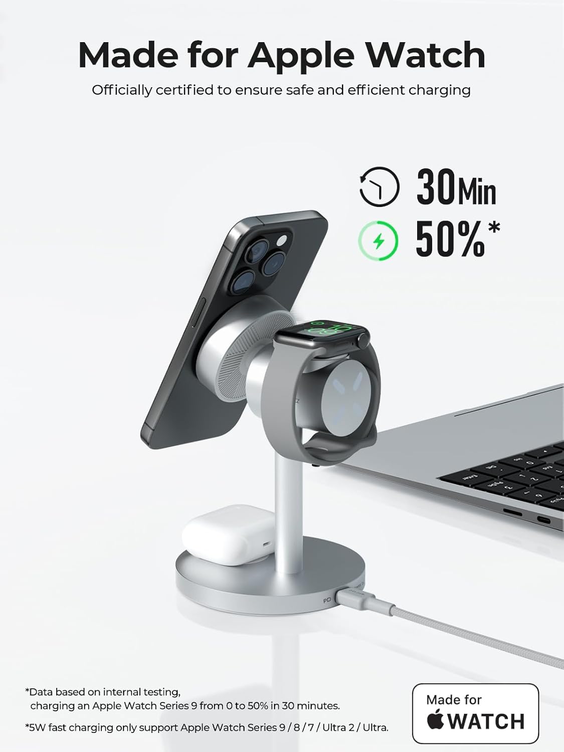 MagFusion 3-in-1 Charging Station Compatible with MagSafe, Qi2 Certified 15W Wireless Charger Stand, Magnetic Charger for iPhone 17/16/15/14/13/12 Series, Apple Watch, AirPods, Silver