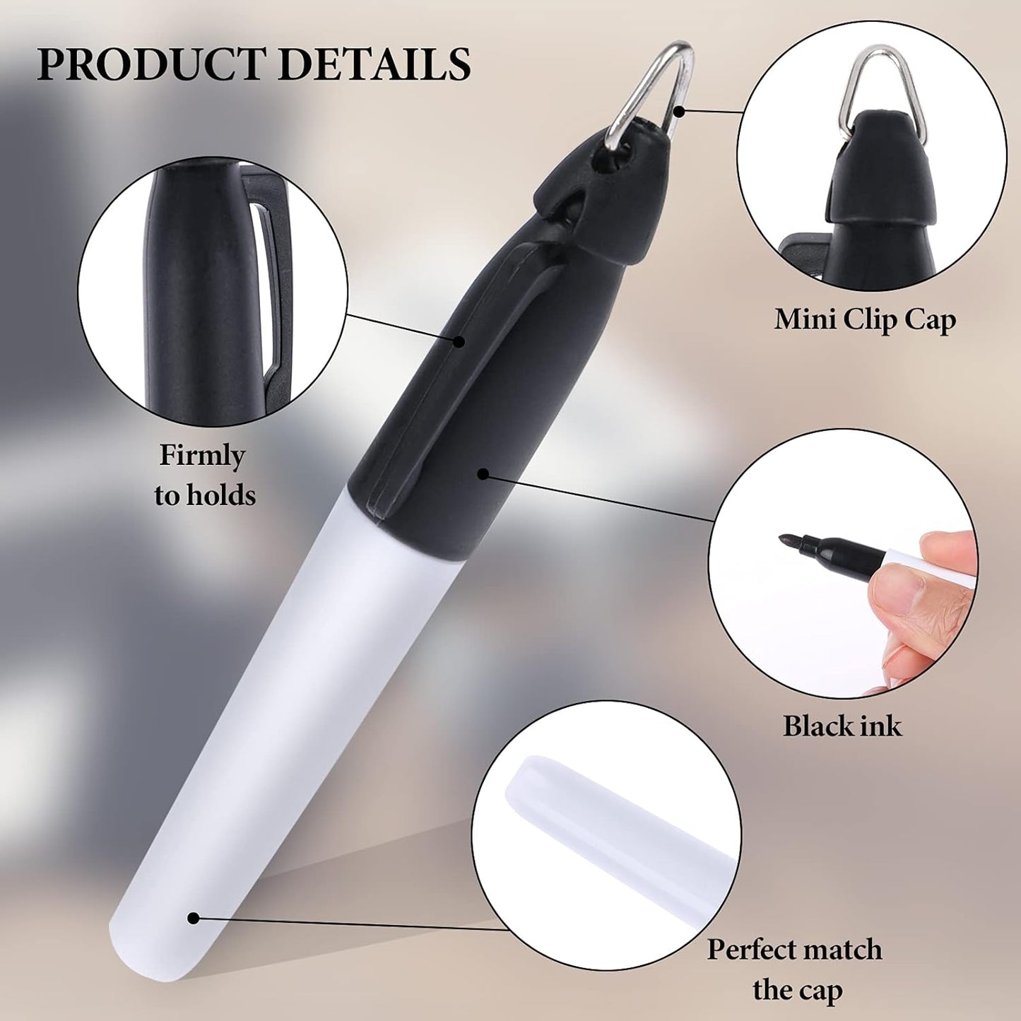 50 Pcs Mini Permanent Markers with Cap Clips Golf Ball Marker Pen Dry Erase Markers with Triangle Hook Golf Keychain Clips for Badge Black Ink Pens for Office School Outdoor Activities,Fine Point