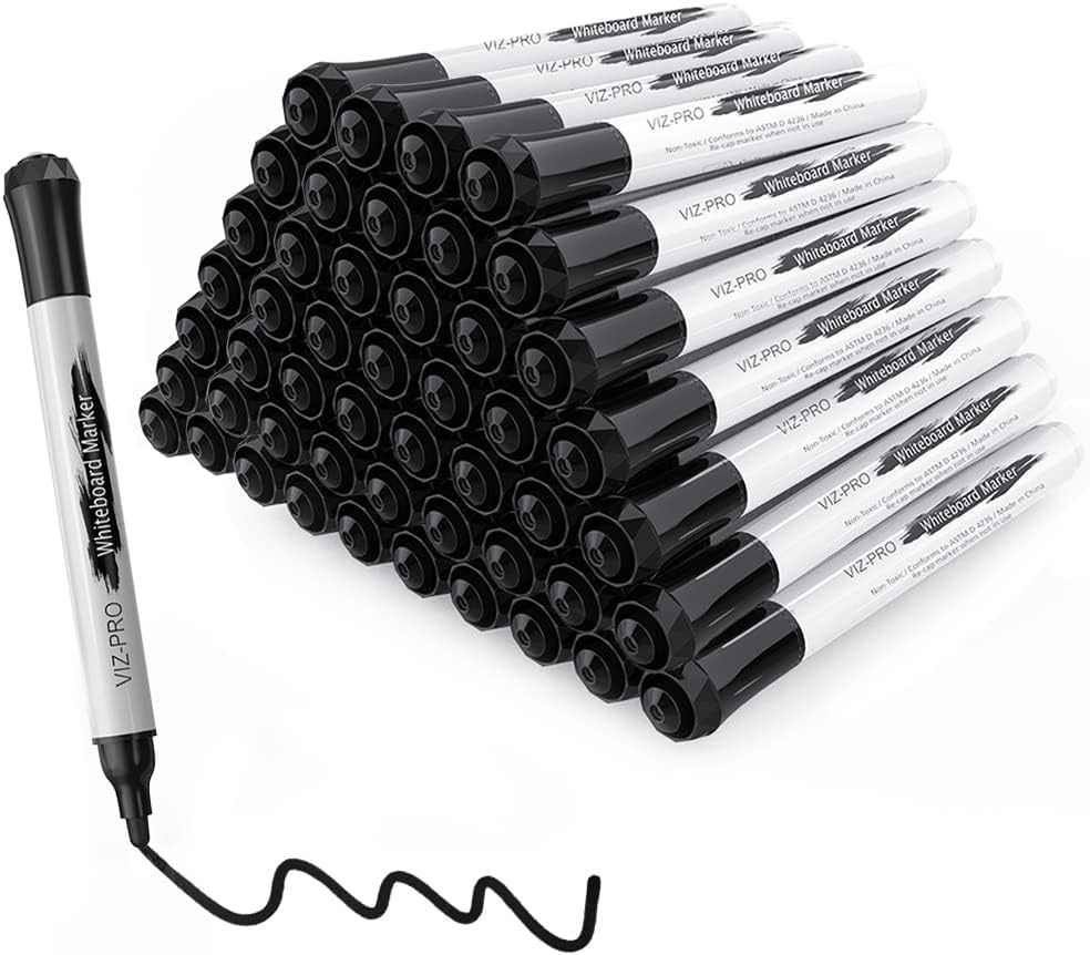 VIZ-PRO Dry Erase Markers, Bulk Pack of 50, Fine Bullet Tip Low-Odor Black Color Whiteboard Pens