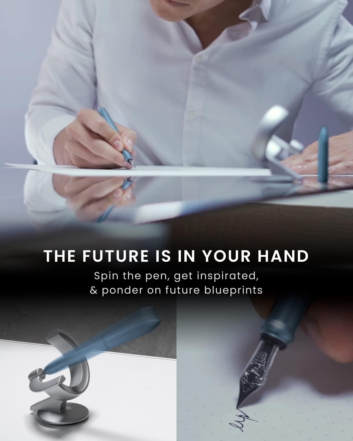 novium Hoverpen Future Edition - Luxury Metal Fountain Pen With Fine Nib, Aerospace Metal Made, Futuristic Aesthetic Desk, Free Spinning Executive, Signing Pen (Mist Blue)