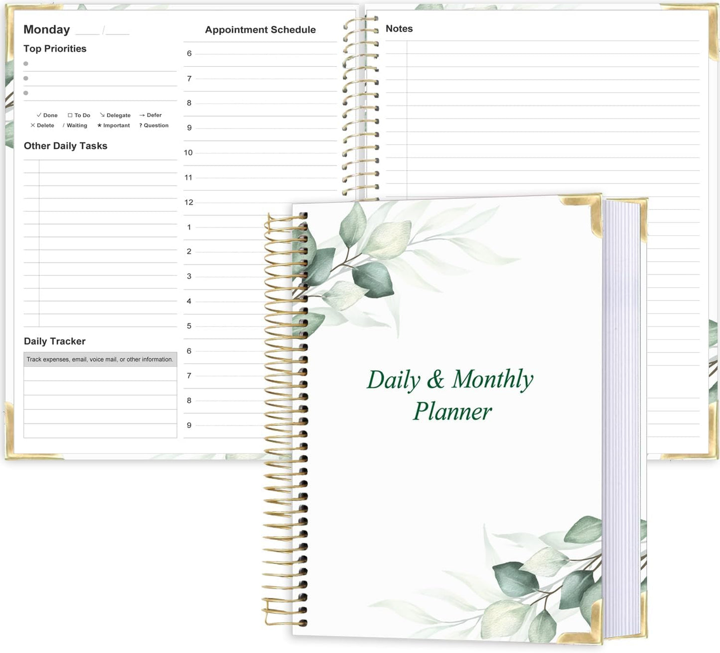 Undated Daily Monthly Planner for 2025 2026 - A4 To Do List with Hourly Schedule, Hardcover Spiral Bound Daily Planner to Increase Focus, Stylish School/Office Supplies, 8.5" x 11", Green Leaf