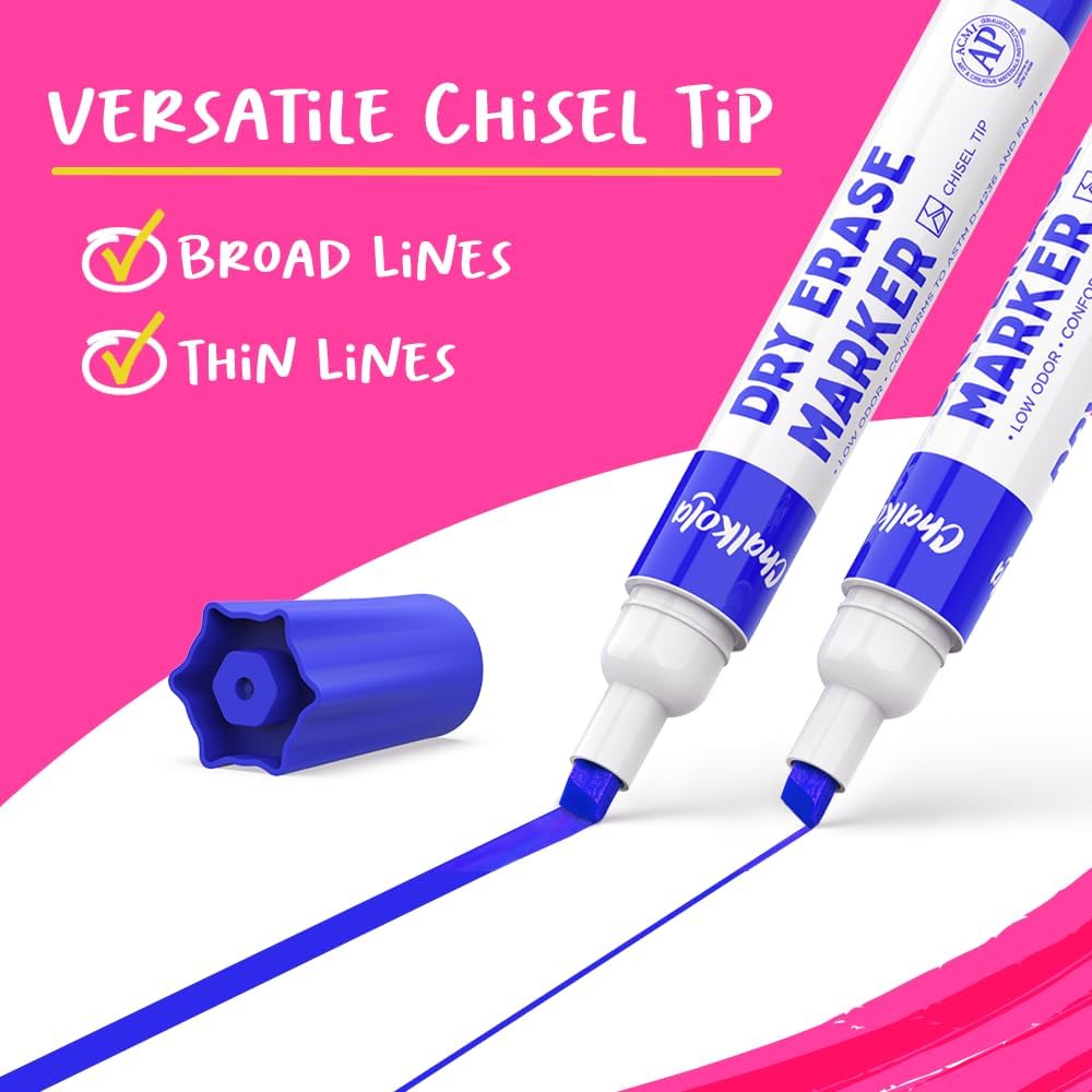 Chalkola Dry Erase Markers Chisel Tip (15 Pack, 12 Colors) | Dry Erase Pens - Non toxic, Low odor Whiteboard Markers for Kids, Teachers, Office, School, Classroom Supplies & Accessories