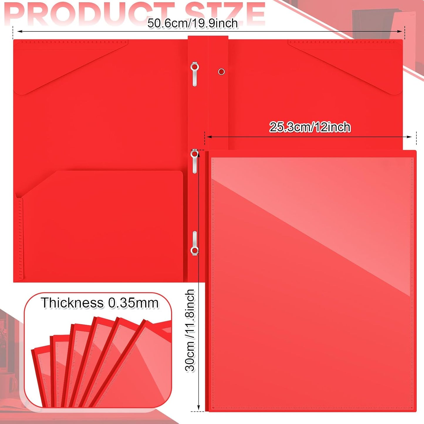 Henoyso 18 Pcs Plastic Folder with Clear Front Pocket and 3 Prong Plastic Folders with Card Slot Pocket Folders with Prongs for School Office (Red)