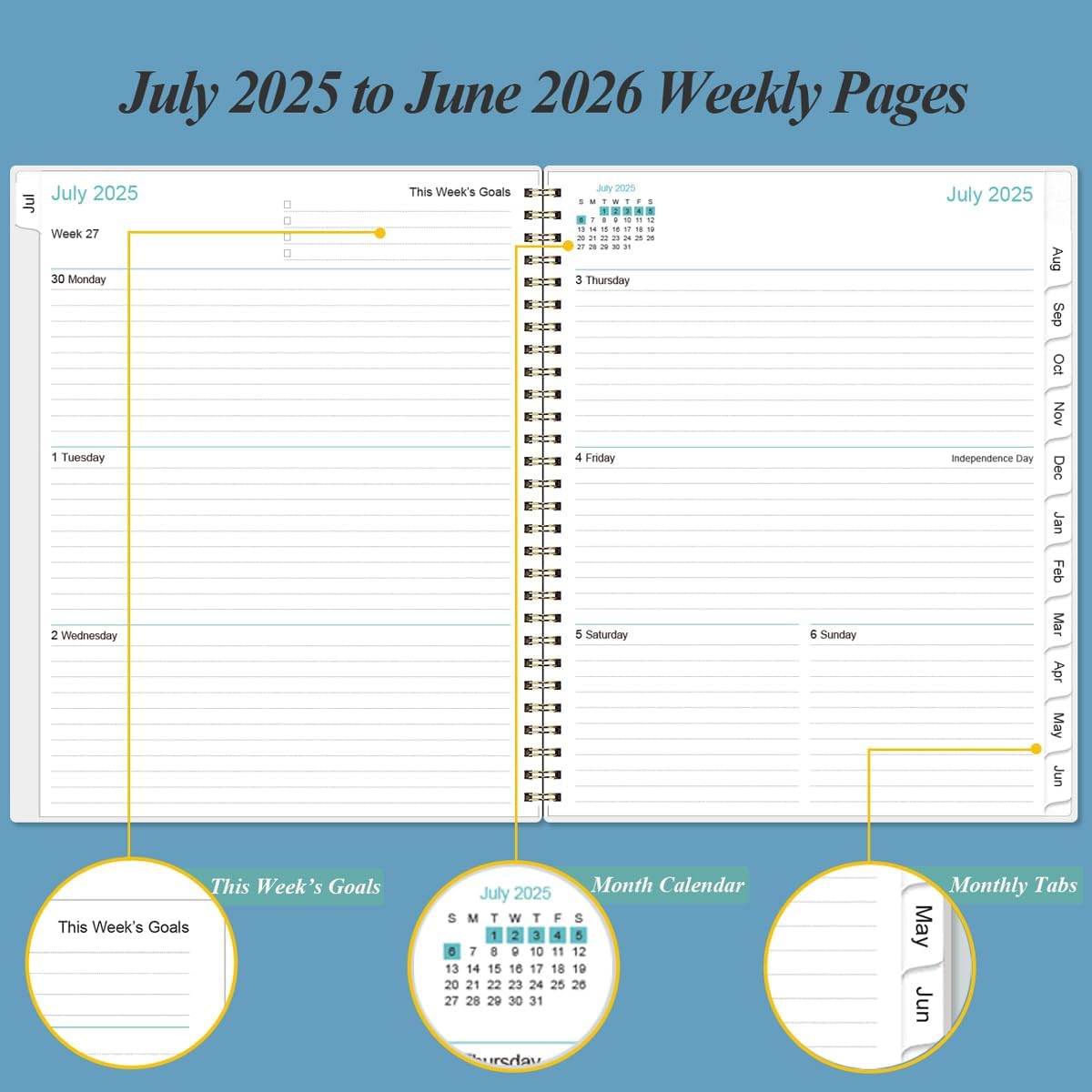 2025-2026 Planner - Academic Planner 2025-2026 from July 2025 to June 2026 with 12 Monthly Tabs, Flexible Cover, Inner Pocket, 8.5" x 11", Blue