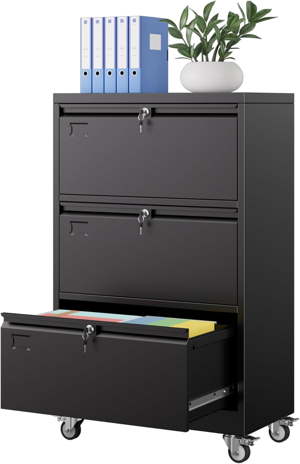 Aobabo 3 Drawer Wide File Cabinet with Wheels, Lockable Metal Filing Cabinet for Home Office, Legal/Letter Size,Black,Required Assembled,15.87" D x 28.94" W x40.48 H