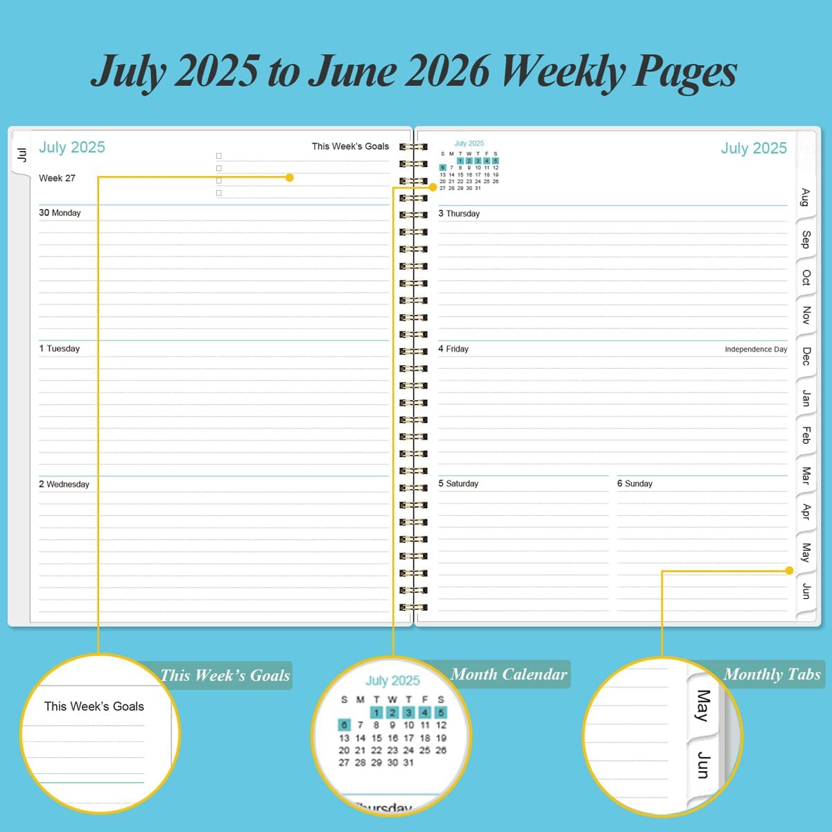 2025-2026 Planner - Academic Planner 2025-2026 from July 2025 to June 2026 with 12 Monthly Tabs, Flexible Cover, Inner Pocket, 8.5" x 11", Blue Watercolor
