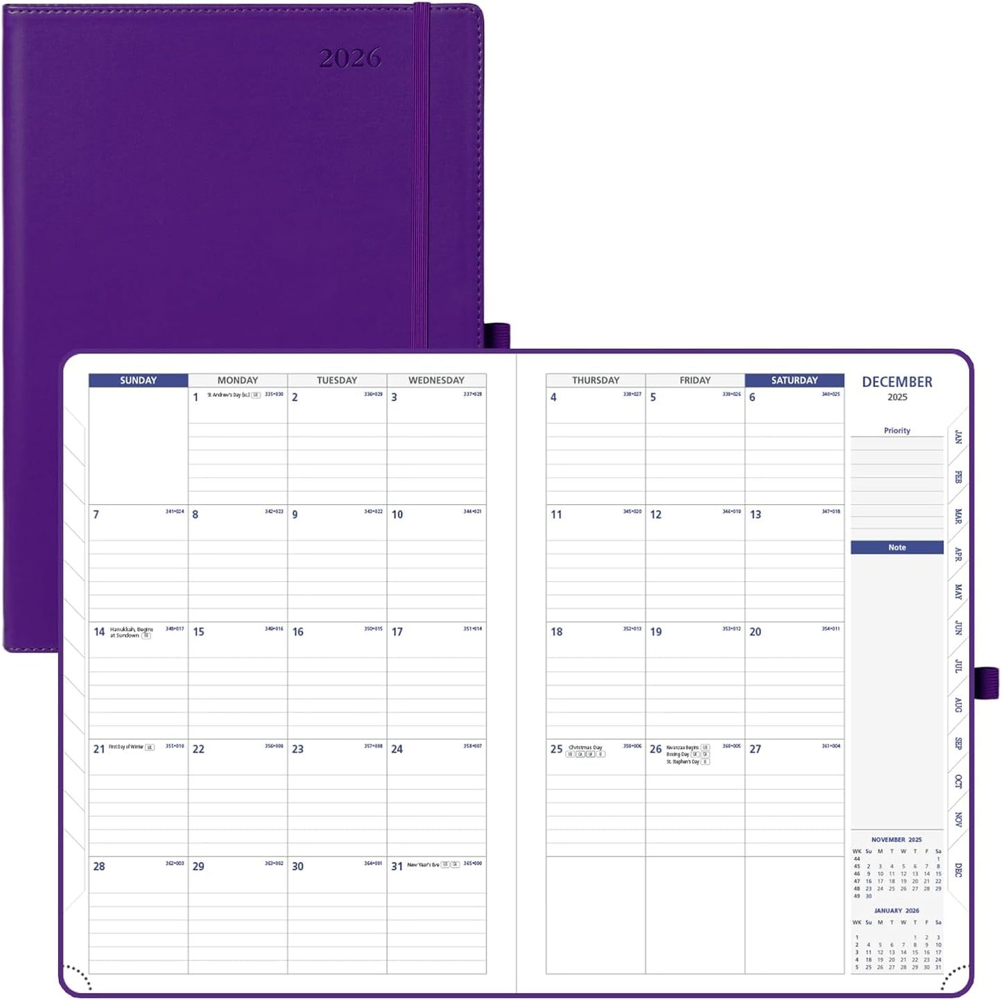 POPRUN Monthly Planner 2026-2027 (Large-8.25'' x 11.75''), 16 Months Calendaer (Dec 2025-Mar 2027) Appointment Book with Stair Tabs, Inner Pockets, Pen Holder, PU Leather Softcover - Purple