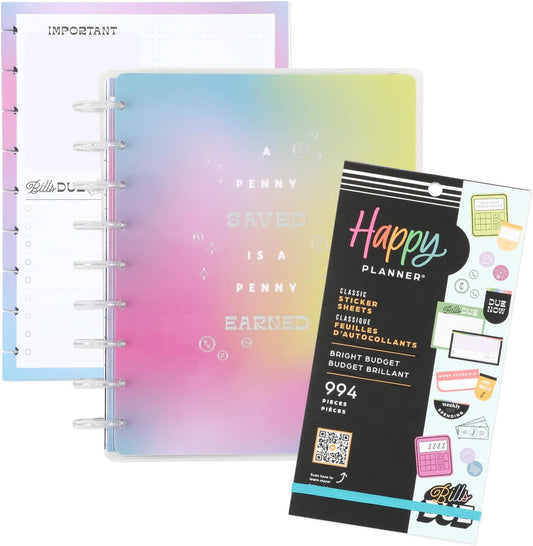 Happy Planner 12 Month Planner Box Bundle– Jan 2024 – Dec 2024 – Budget Layout – Includes 12 Month Dated Classic Size Planner, Block Pad Paper & 30 Sheet Sticker Book – Bright Budget Theme