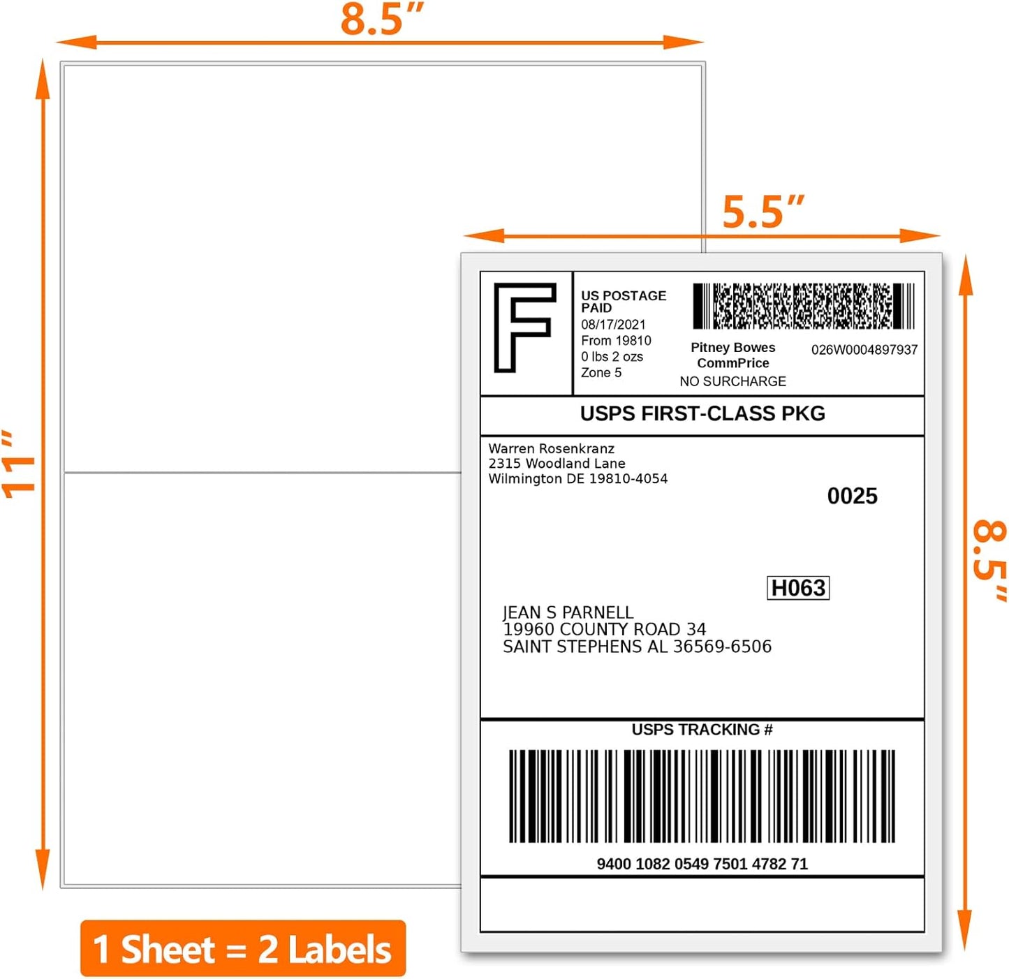 100 Half Sheet Shipping Labels 5-1/2" X 8-1/2" Address Blank Labels Laser/Ink Jet