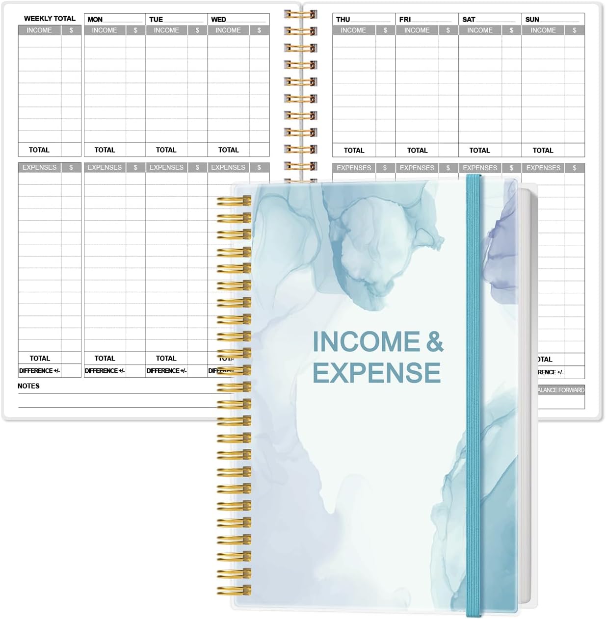 Heveboik Income & Expense Log Book - A5 Income and Expense Tracker for Small Business, Accounting Bookkeeping Tracking for Woman and Man, 5.8" x 8.3", Teal Watercolor