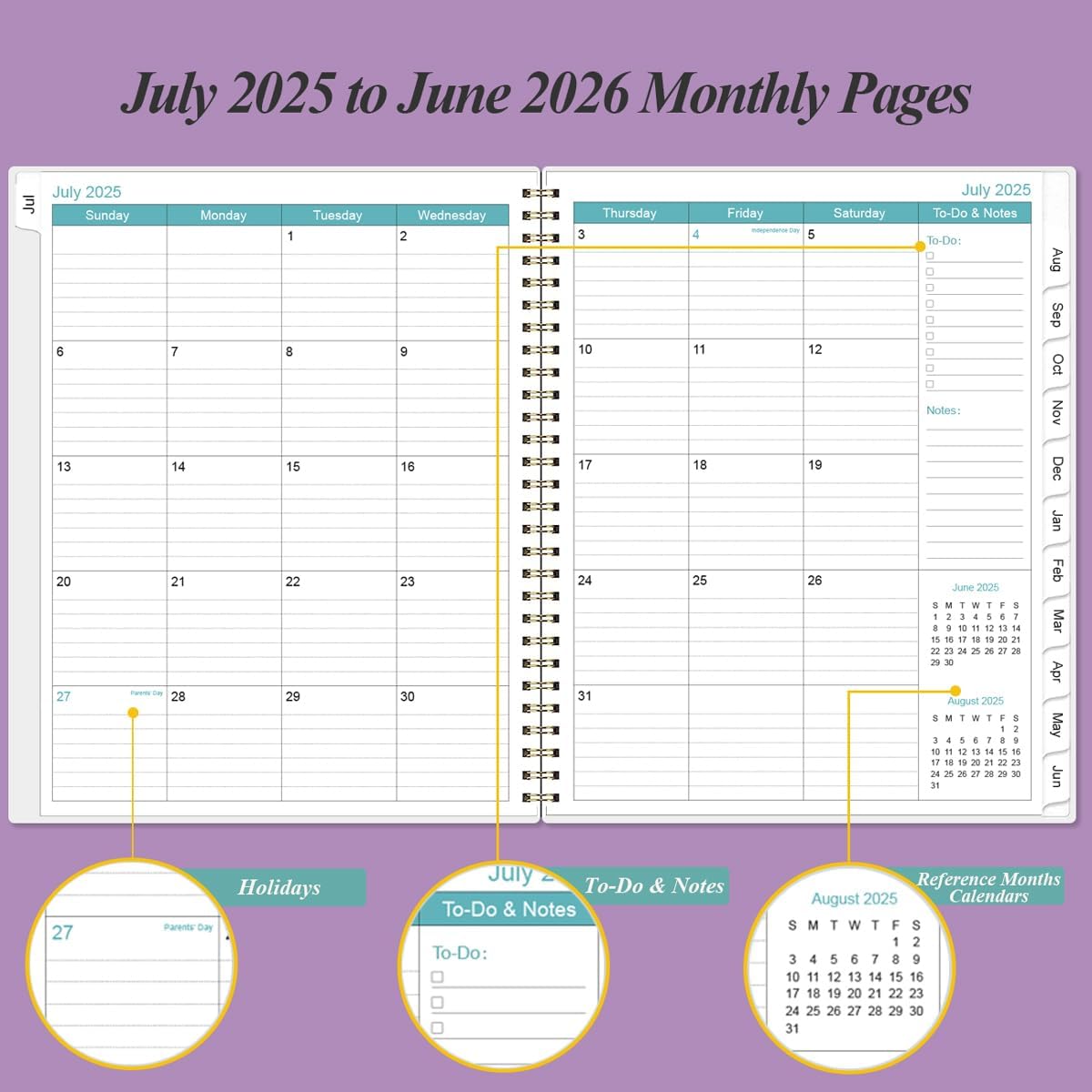 2025-2026 Planner - Academic Planner 2025-2026 from July 2025 to June 2026 with 12 Monthly Tabs, Flexible Cover, Inner Pocket, 8.5" x 11", Purple
