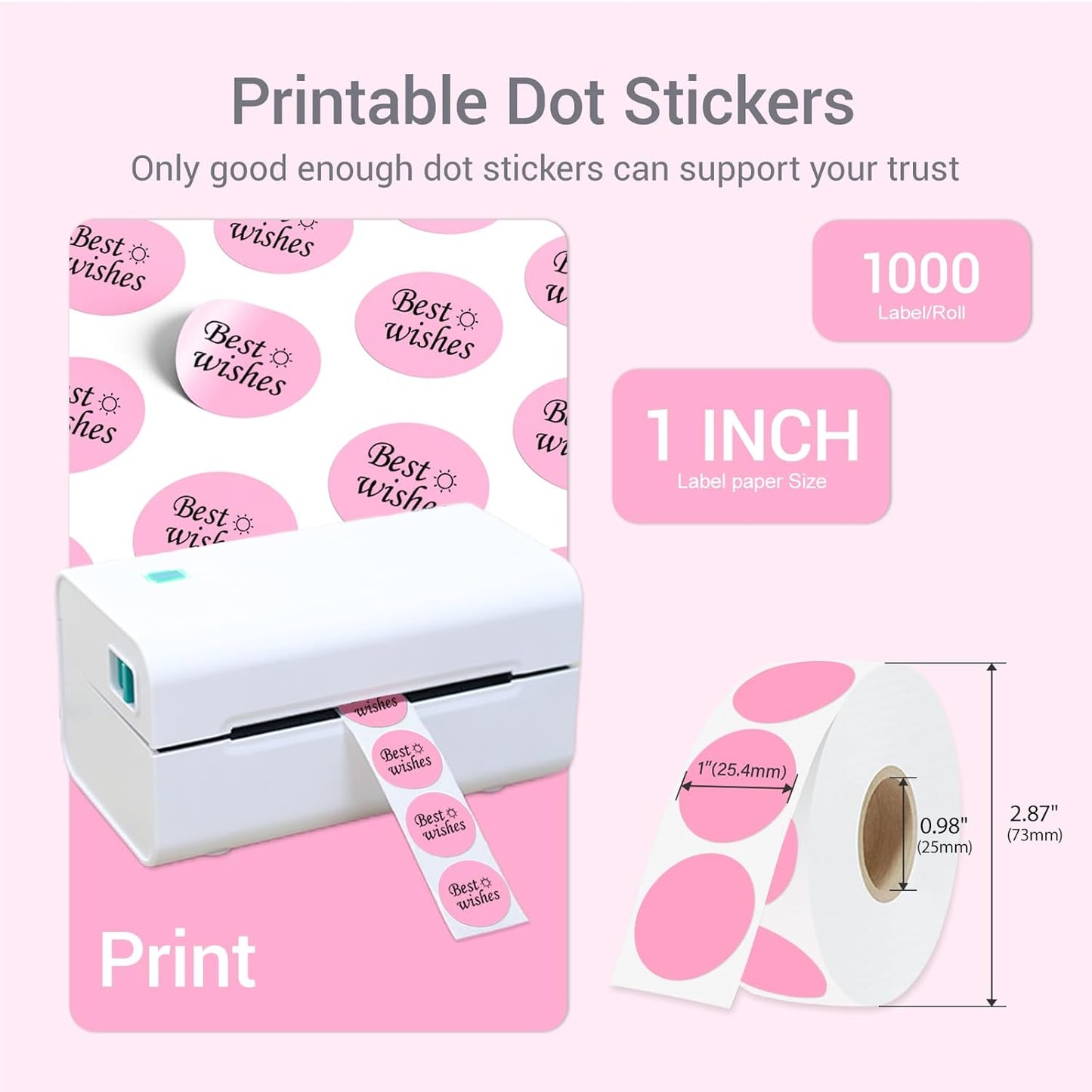 1 Inch Circle Dot Stickers 1000 PCS Color Coding Thermal Labels Dots Writable Printable Small Round Stickers for Office, Classroom, Inventory, Garage, Organizing Storage, DIY, Pink