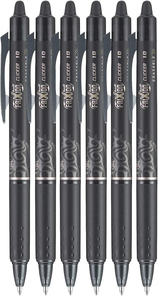FriXion Clicker Retractable Erasable Gel Pen, Black, Bold Point, 6-pk; Bundle with Plastic Reusable Pouch