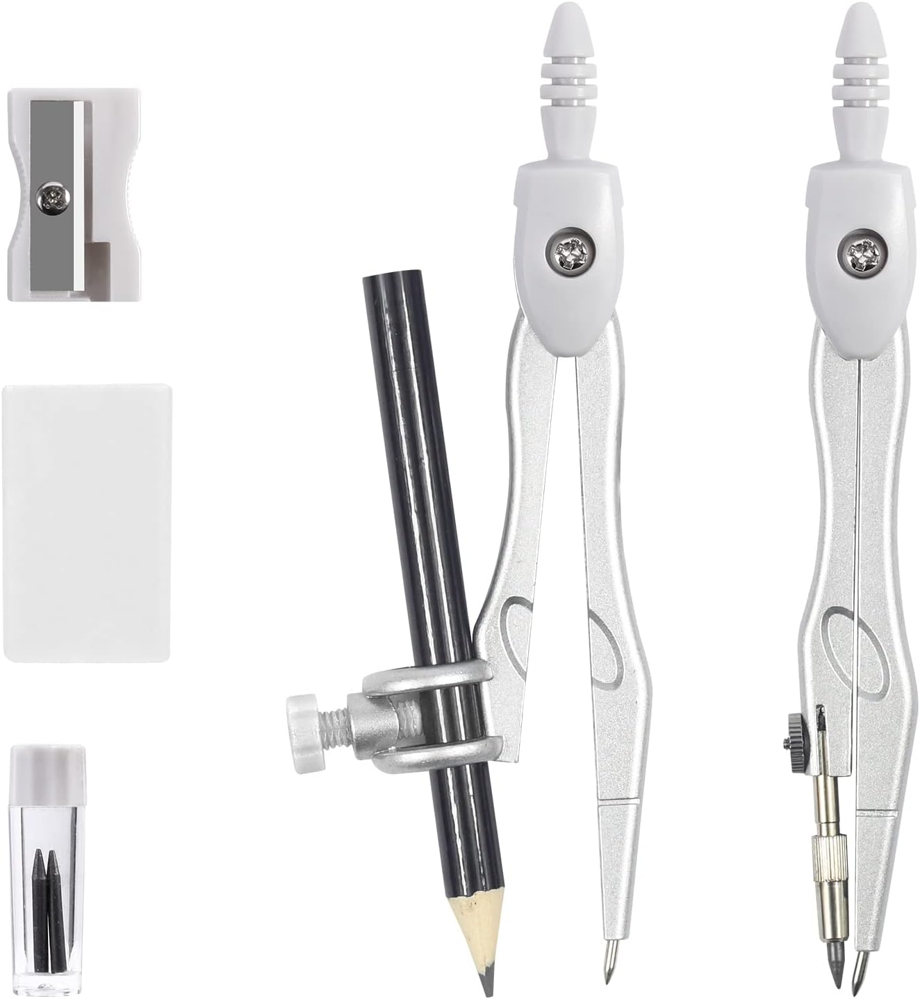 Math Geometry Sets 10 Piece Student Supplies with Shatterproof Storage Box,Includes Rulers,Protractor,Compass,Eraser,Pencil Sharpener,Lead Refills,Pencil,for Drafting and Drawings（Grey）