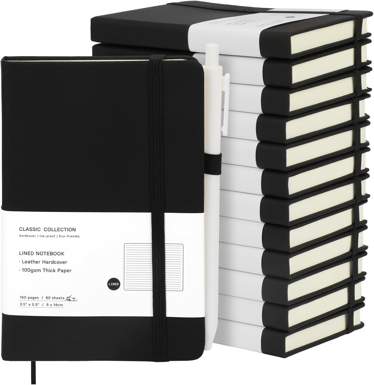 Coopay 12 Pack A6 Pocket Small Notebook with 12 White Pens Bulk Classic Hardcover Leather Journal Set with Pen Holder for Men Women Writing, Office, Home, School, Business, 100GSM, 3.5” x 5.5”, Black