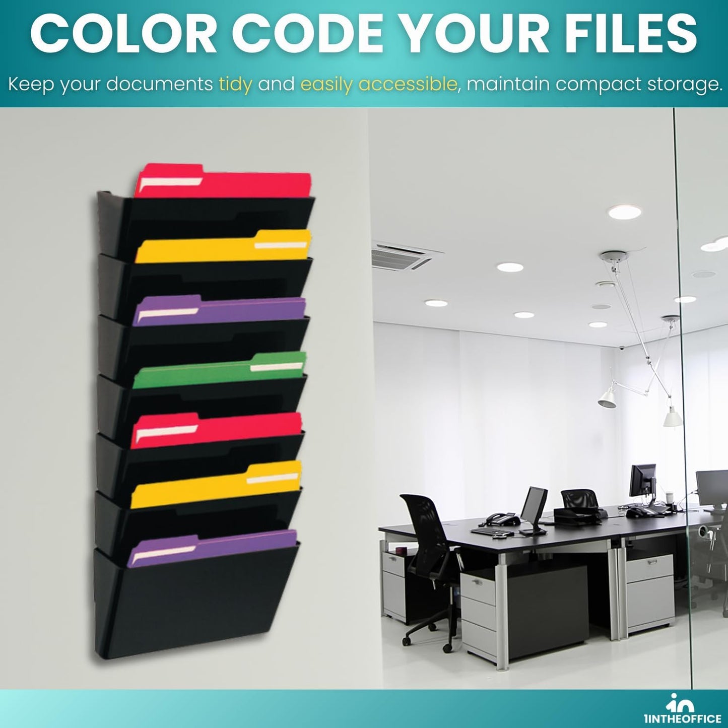 Hanging Wall File Organizer, Wall Mounted File Holder, Letter Size, 7 Pocket, Expandable, Black