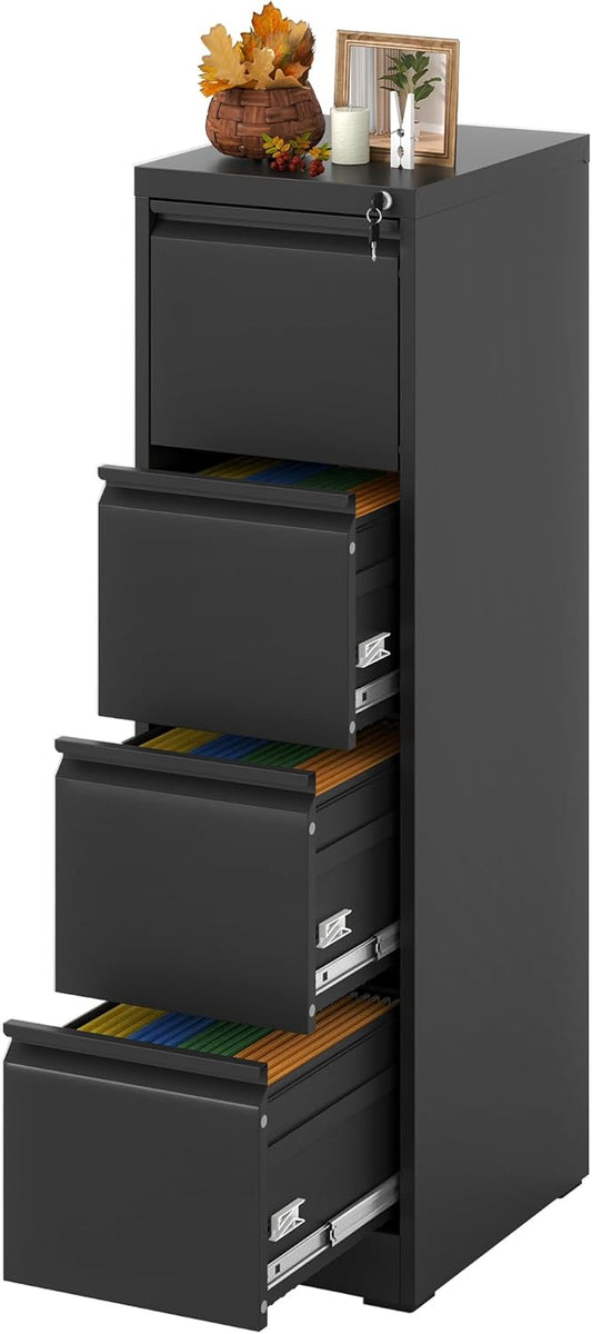 4 Drawer File Cabinet with Lock, Vertical Filing Cabinets for Home Office, Locking File Cabinet Hanging Files for A4/ Legal/Letter, Require Assembly, Black