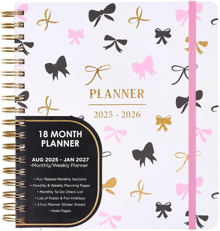 Votum August 2025 to January 2027 Large Back to School Academic Planner- Daily, Weekly & Monthly Organizer with Pens, Stickers, Sticky Notes, and a Sturdy Cover - Bows Pink