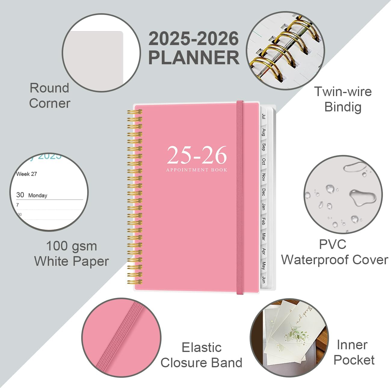 2025-2026 Appointment Book & Planner - Hourly Planner from July 2025 - June 2026, Weekly Appointment Book 2025-2026 with 30-Minute Interval, 6.4" x 8.5", Pink