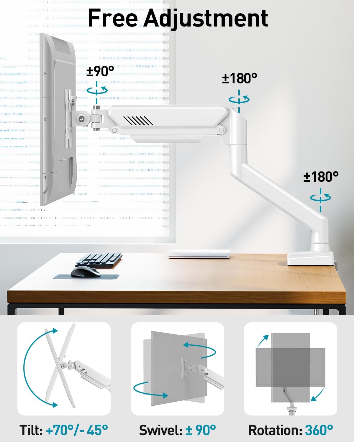 Single Monitor Arm Desk Mount Fits 13 to 32 inch Computer Screens, Holds 4.4 to 22lbs Display VESA Mount, Adjustable Monitor Stand with Clamp/Grommet Mounting Base, 75/100mm Bracket, White, Freelift