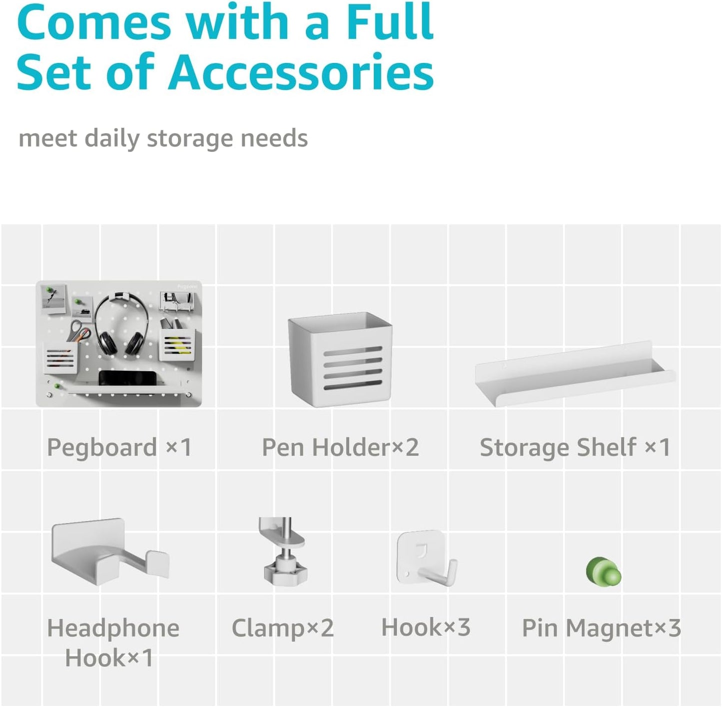 Clamp-on Desk Pegboard, Desk Organizer for Office Gaming Home, Magnetic Metal Peg Board with 10 Accessories, Privacy Panel for Office, 16.5" x 12.6", Medium, White