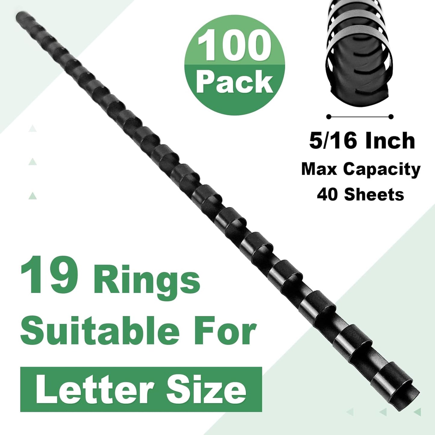 HOUYEE 5/16 Inch Plastic Binding Comb 19 Ring, 40 Sheet Capacity, Letter Size Black Comb Binding Spines (100 Pack)