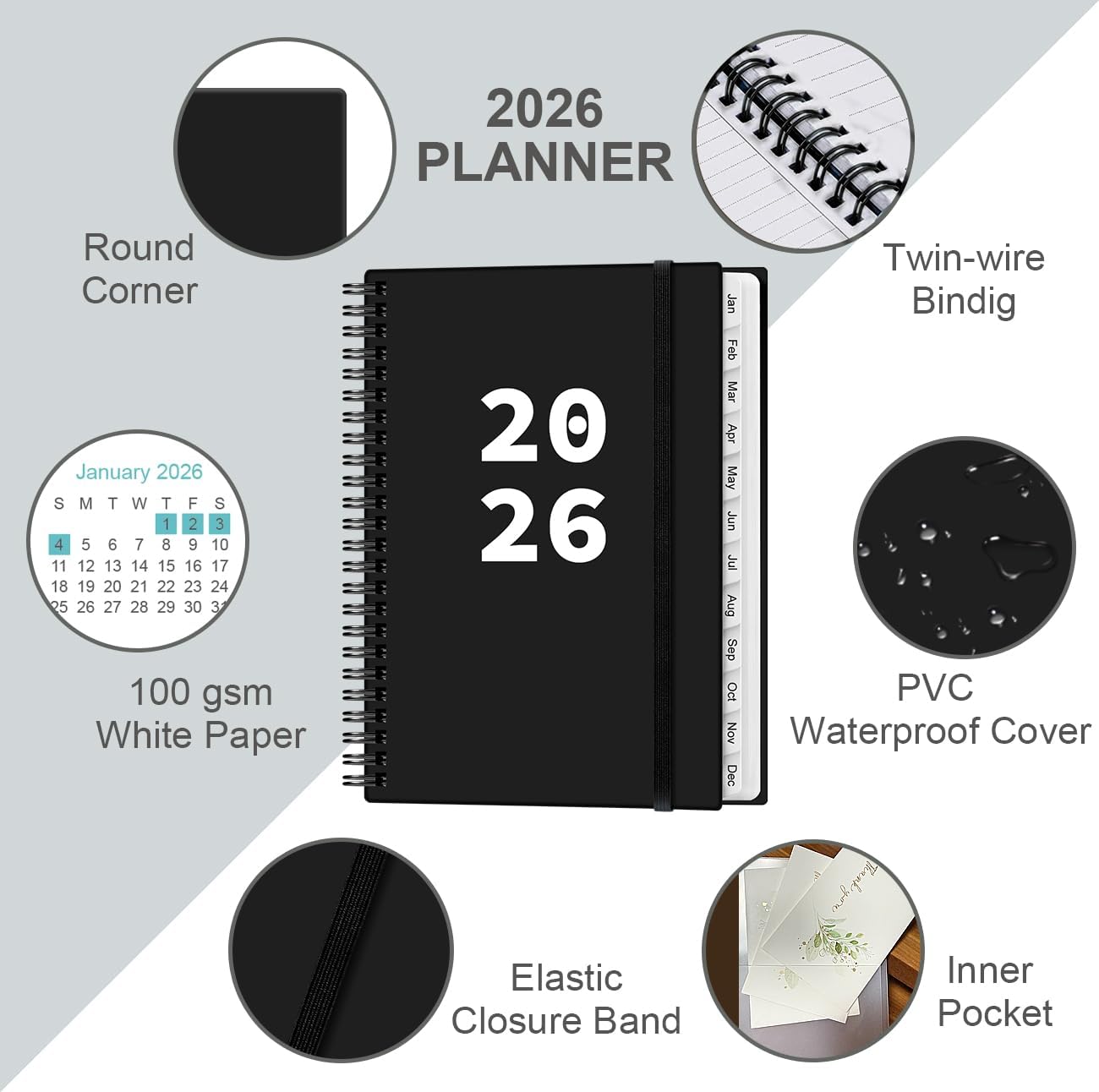 2026 Planner - Planner 2026 from January 2026 - December 2026, Weekly & Monthly Planner Spiral Bound with 12 Monthly Tabs, Inner Pocket, 6.4" x 8.5", Black-A