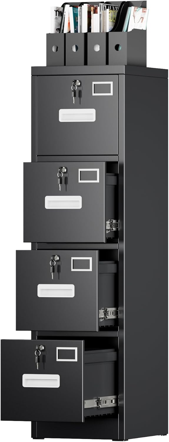 Aobabo 4 Drawer File Cabinet, Metal Filing Cabinet with Lock, Suitable for Home Office School Hanging Files Letter/Legal/A4 Size,Black,Required-Assembly,17.72" D x 14.96" W x 55.2" H