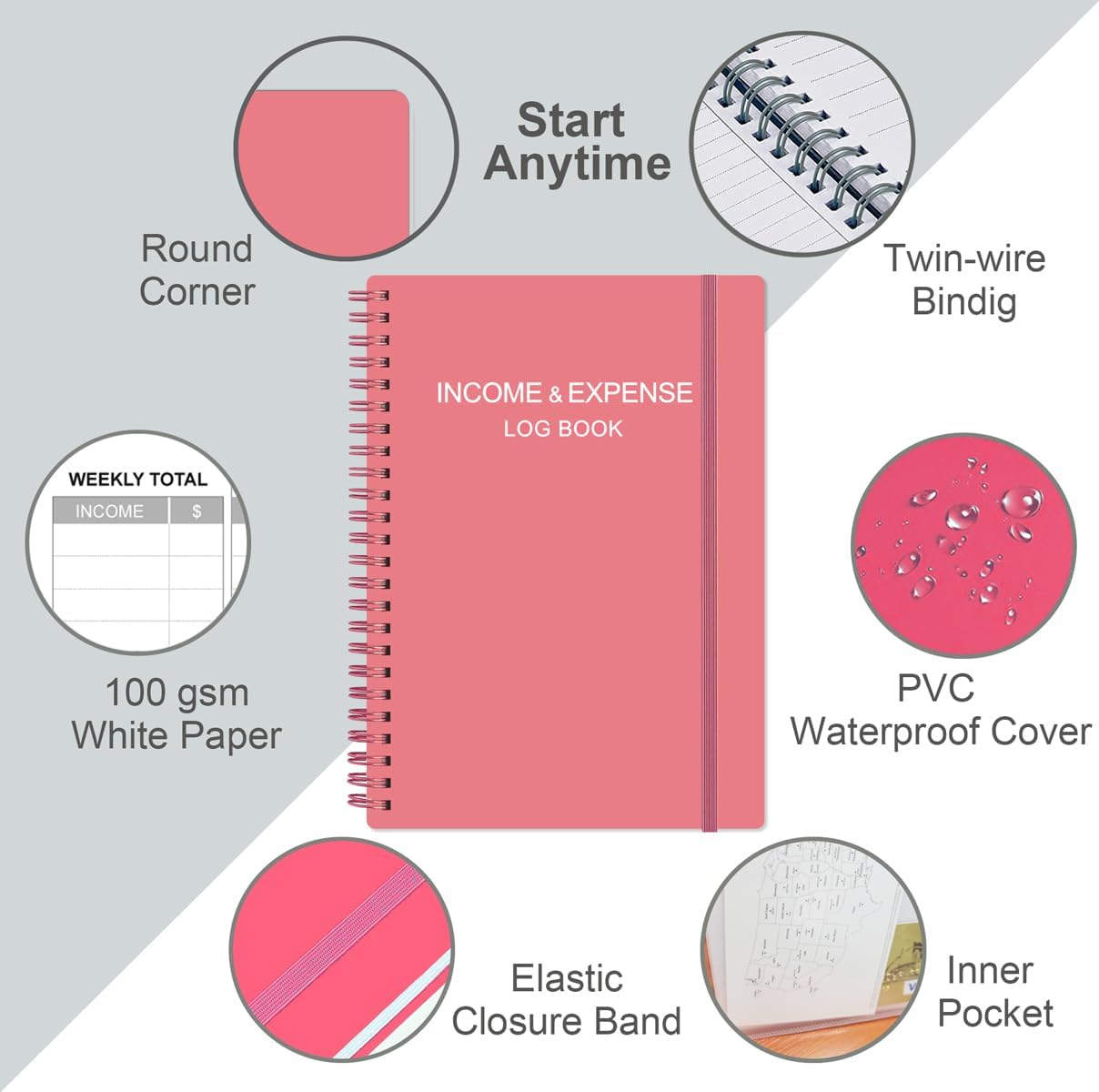 Heveboik Income & Expense Log Book - A5 Income and Expense Tracker for Small Business, Accounting Bookkeeping Tracking for Woman and Man, 5.8" x 8.3", Pink