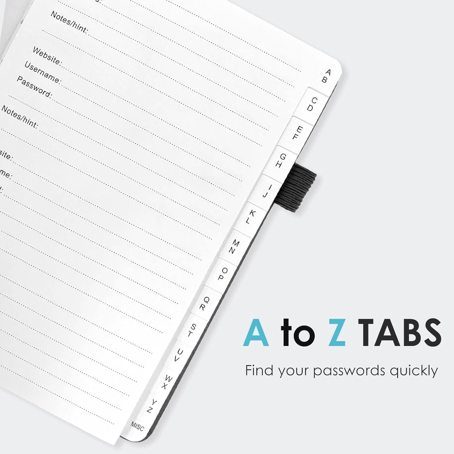 Elegant Password Book with Alphabetical Tabs - Hardcover Password Book for Internet Website Address Login - 5.2" x 7.6" Password Keeper and Organizer w/Notes Section & Back Pocket (Black)