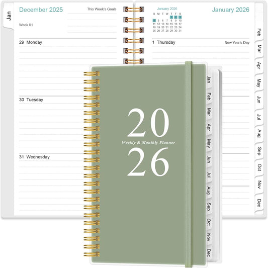 2026 Pocket Planner/Calendar - 2026 Planner from January 2026 - December 2026, Planner 2026 with 12 Tabs, Twin-Wire Binding, Inner Pocket, 3.75" x 6.75", Green