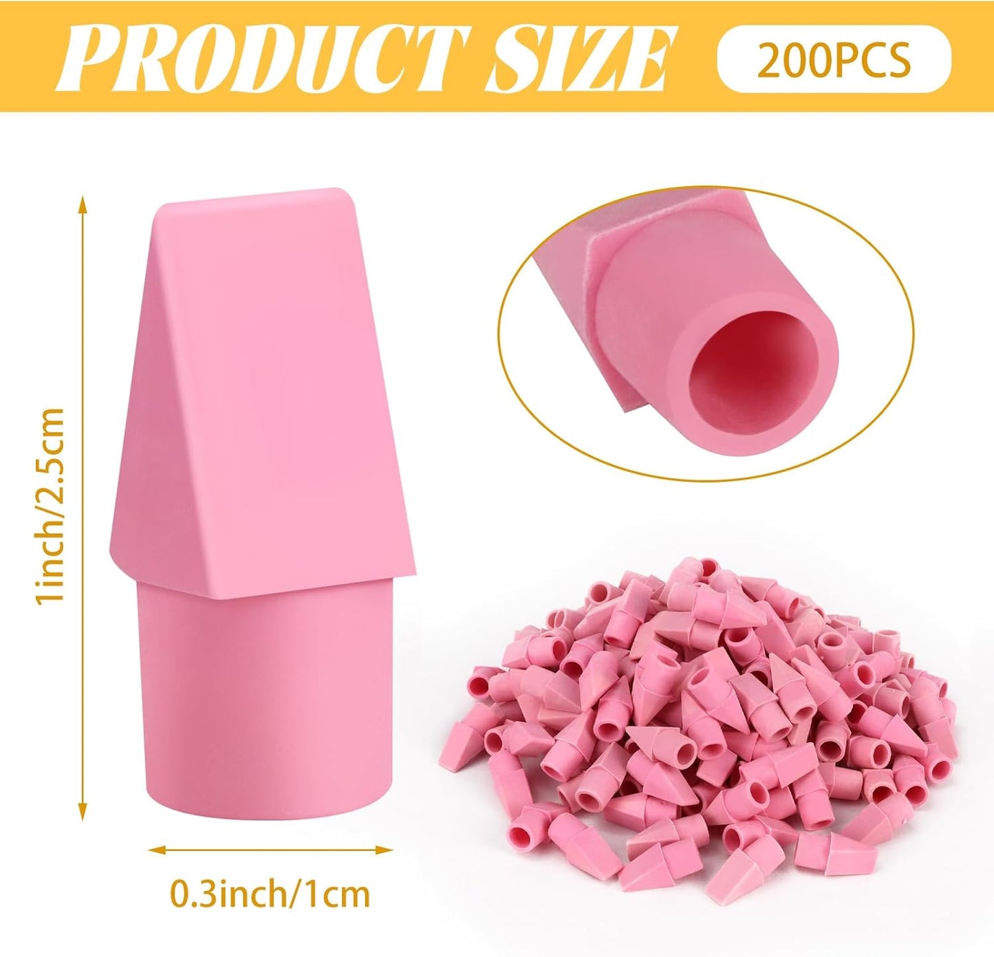 PRALB 200PCS Pink Pencil Top Eraser Caps - Bullet Tip Erasers for School, Office, Party Favors & Classroom Rewards