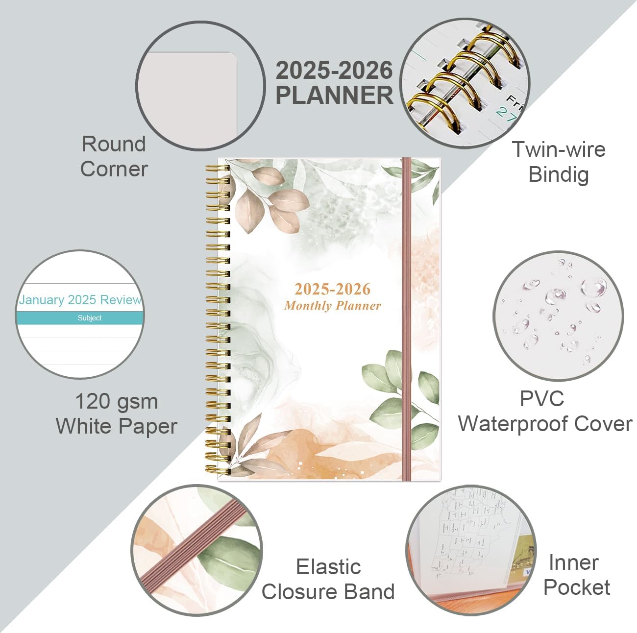 2025-2026 Monthly Planner - July 2025 - December 2026, Two Pages Per Month, 18 Monthly Calendar/Planner with Tabs, Strong Twin-Wire Binding, Inner Pocket, 6.4" x 8.5", Rose Leaf