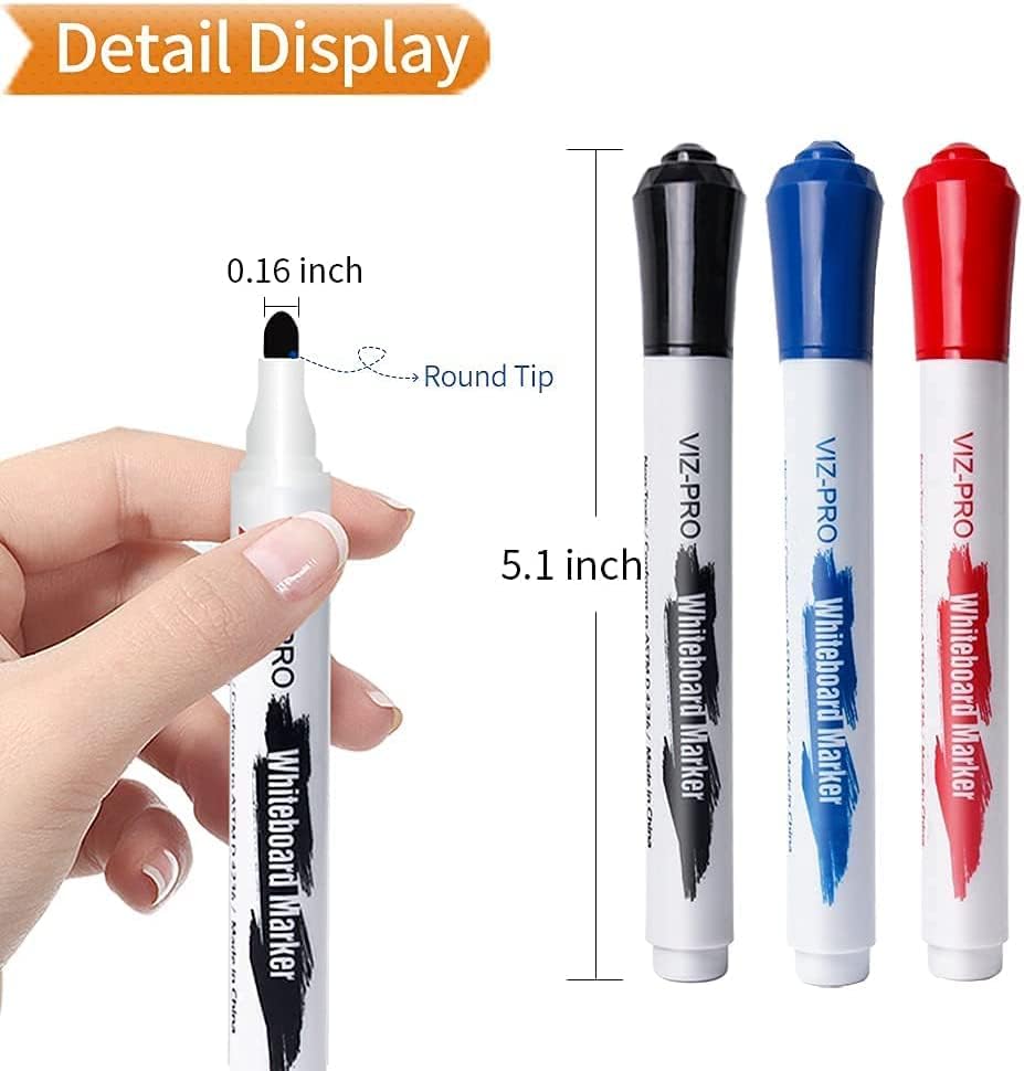 VIZ-PRO Dry Erase Markers Fine Bullet Tip, 3 Assorted Colors, 144 Pcs Low-Odor Whiteboard Pens
