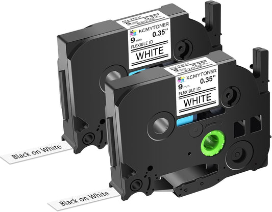 2 Pack 9mm 0.35 TZe-FX221 Laminated Tape Compatible for Ptouch TZ TZe Flexible ID Cable Wires Labels Black on White 3/8" for PT-PD200 D210 D400 D600 H100 H110 P300BT P700 P710BT