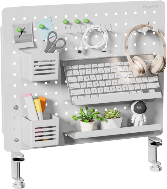 Clamp-on Desk Pegboard, Desk Organizer for Office Gaming Home, Magnetic Metal Peg Board with 15 Accessories, Privacy Panel for Office, 20.4" x 16.5", Large, White