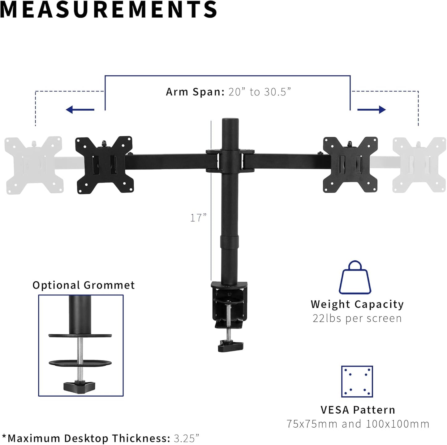 VIVO Dual LCD LED 21 to 32 inch Monitor Desk Mount, Heavy Duty, Adjustable Telescoping Arms, Flush Wall Setup, Fits 2 Screens, Black, STAND-V002E