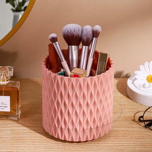 OWLFAVO Rotate Desk Organizer, Spinning Makeup Brush Holder, Pen Holder Stationery, 360-Degree Pencil Accessories Storage Caddy Tray for Beauty, College, Home, Office, 5 Compartments, Pink