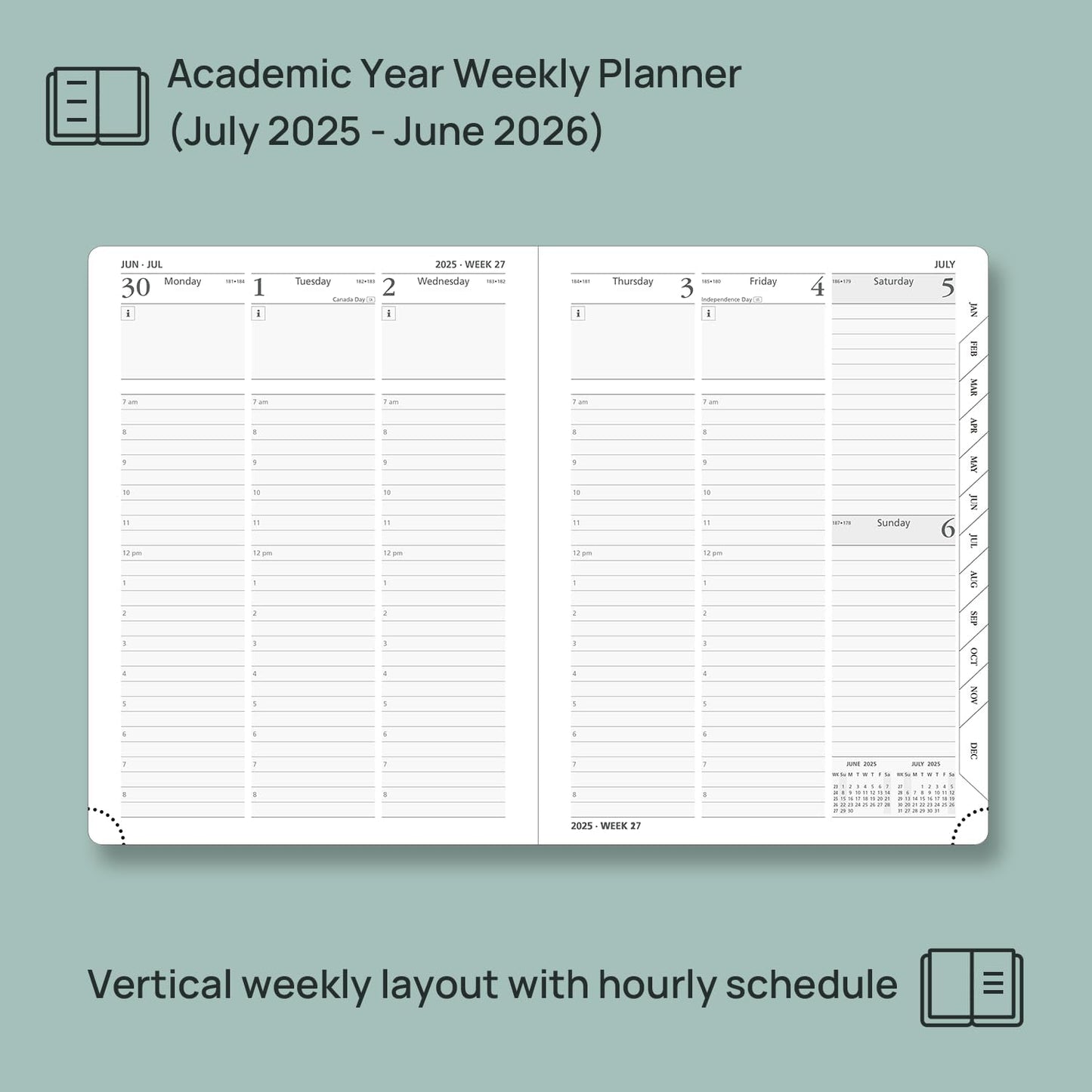 POPRUN Planner 2025-2026, (Medium 6.5'' x 8.5'' Hard Cover) Academic Calendar (July 25-June 26) Daily Weekly and Monthly Appointment Book with Hourly Time Slots, Monthly Tabs, 100 GSM - Navy Blue