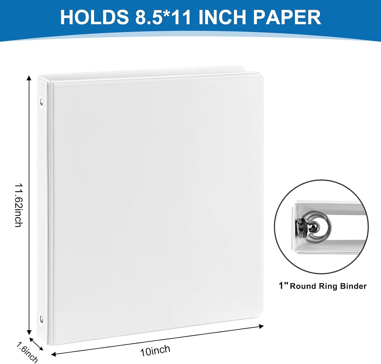 1 inch 3-Ring Binder, 1" Round Ring Binders with 2 Inside Pockets, View Basic 1 in Binders, Clear View Cover 1-inch-Binder Holds 8.5'' x 11''Paper for Office/Home/Back to School（Pack of 12, White