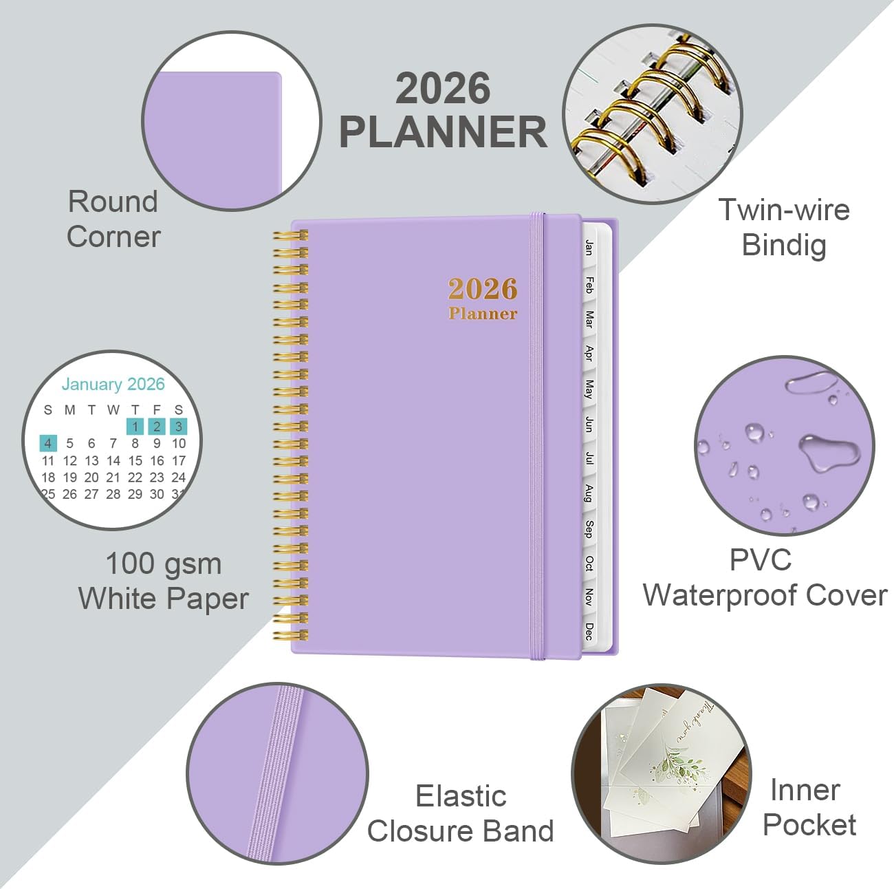 2026 Planner - Weekly and Monthly Calendar Planner from Jan 2026 - Dec 2026, Planner 2026 Spiral Bound with 12 Monthly Tabs, Inner Pocket, Perfect for School Office Supplies, 6.4" x 8.5", Purple