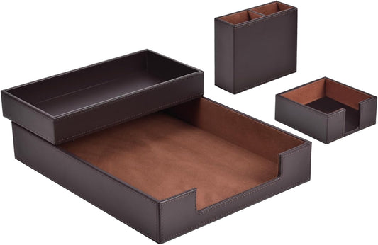 4 Pack Leather Office Supplies/Desk Organizer for Letter Paper Tray,Sticky Note Holder,Pen Cup,Stackable Small Letter Mail Sorter Tray,Workspace Decor for Women Men (Brown, 4-piece set)